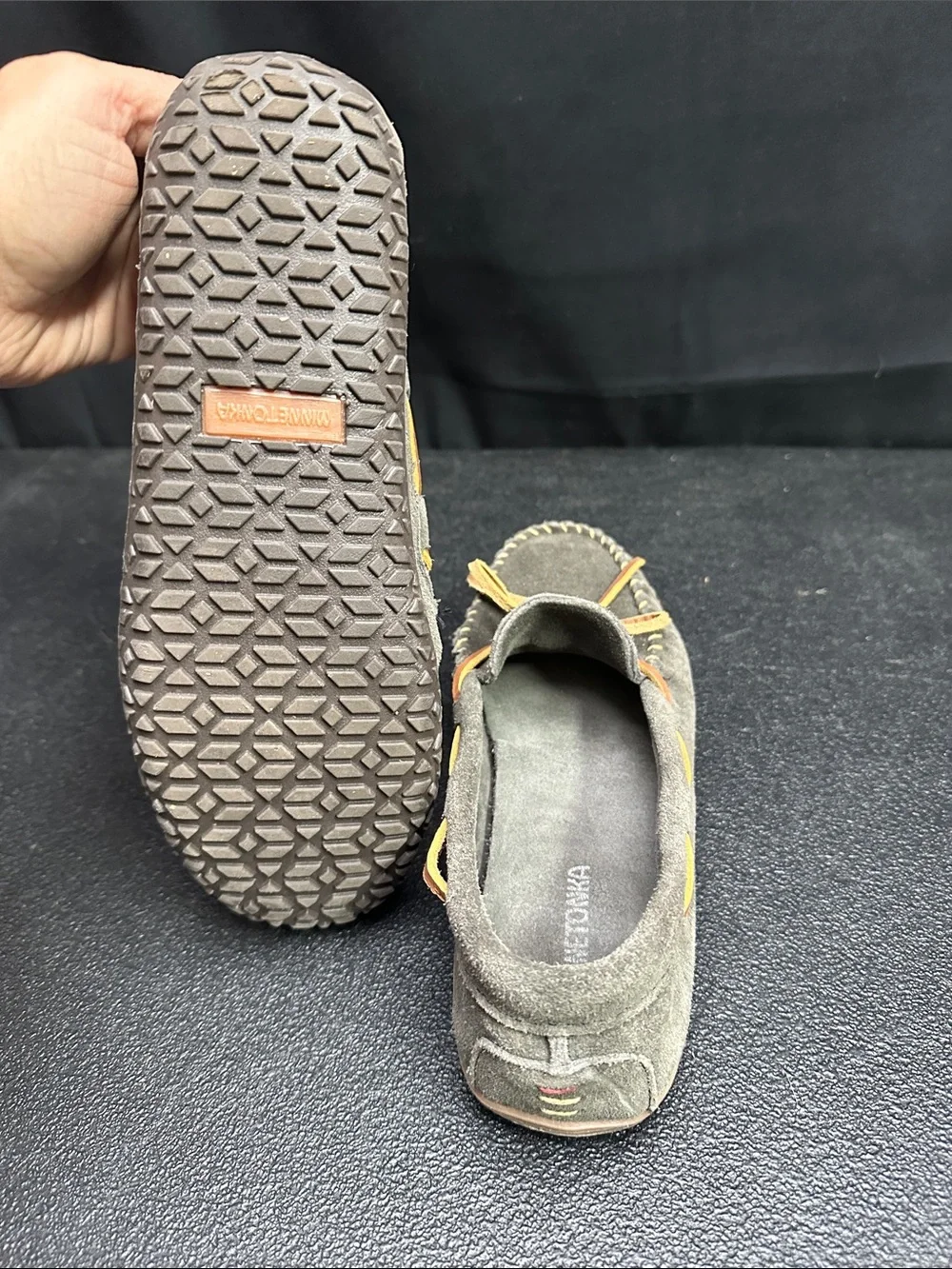 Minnetonka Grey Suede Moccasin Loafers with Tan Laces size 10 W